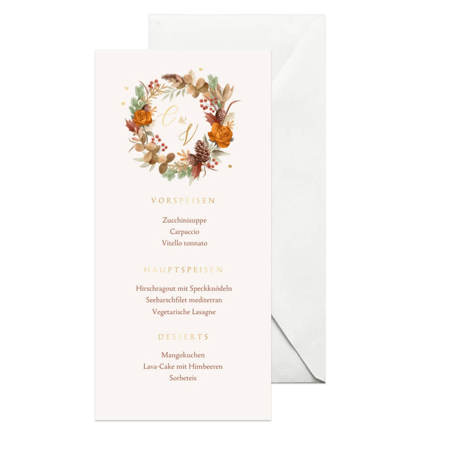 Hochzeitsmenü Karte Herbststimmung mit Gold - Karteneindruck
