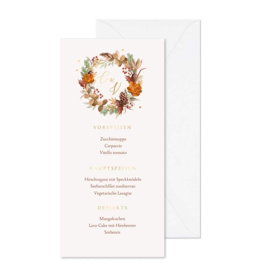 Hochzeitsmenü Karte Herbststimmung mit Gold - Karteneindruck
