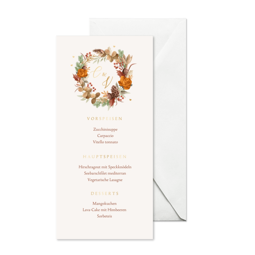 Hochzeitsmenü Karte Herbststimmung mit Gold - Karteneindruck
