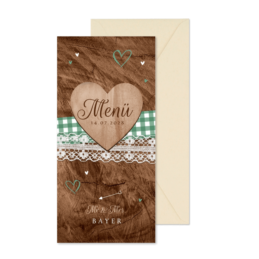 Hochzeitsmenükarte Trachtenlook - Karteneindruck