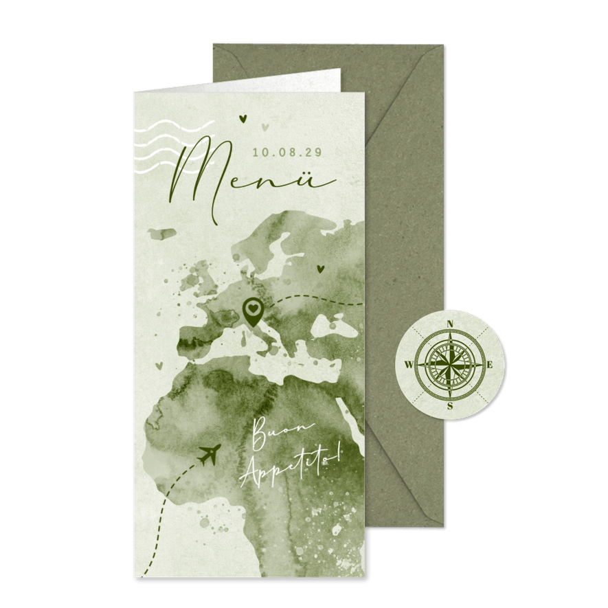 Hochzeitsmenükarte Weltkarte & Flugzeug - Karteneindruck