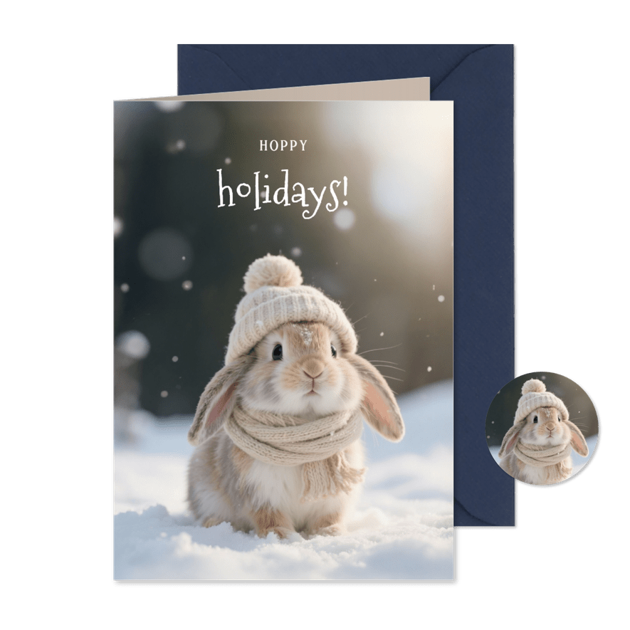 'Hoppy Holidays' Weihnachtskarte Kaninchen Schal Mütze - Karteneindruck