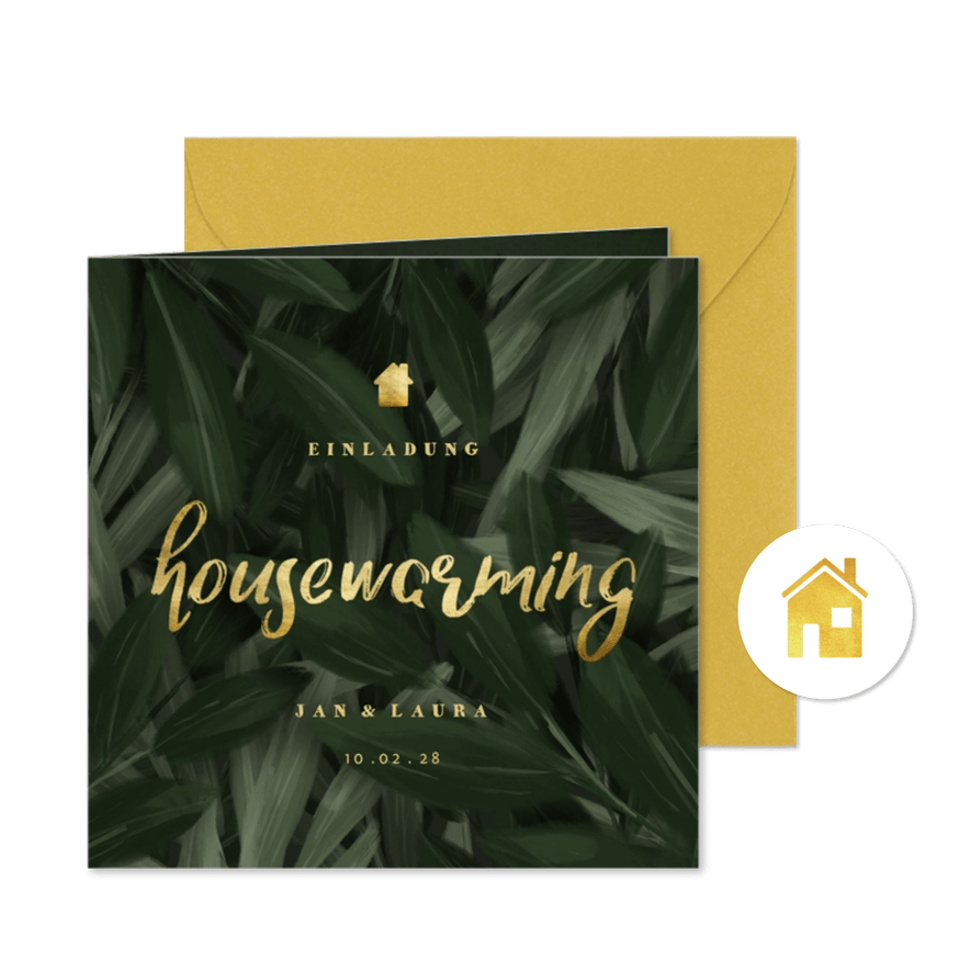 Housewarming Einladung botanisch mit goldener Schrift - Karteneindruck
