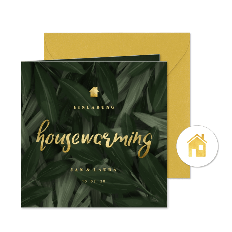 Housewarming Einladung botanisch mit goldener Schrift - Karteneindruck