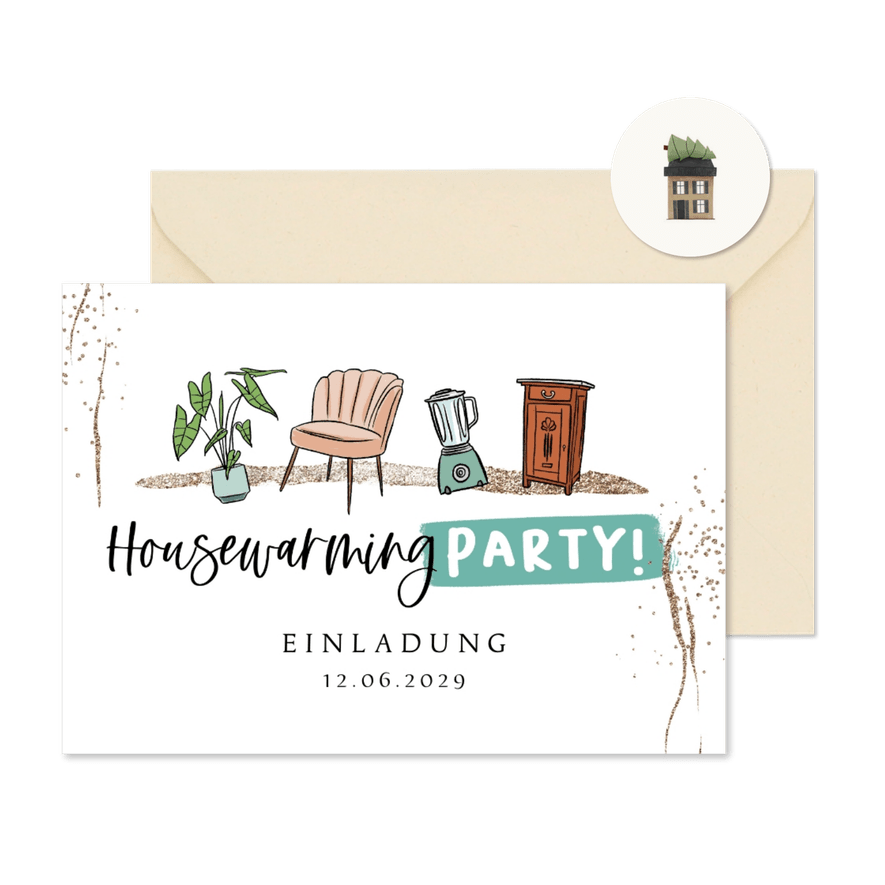 Housewarming-Party Einladung Möbel & Pflanze - Karteneindruck
