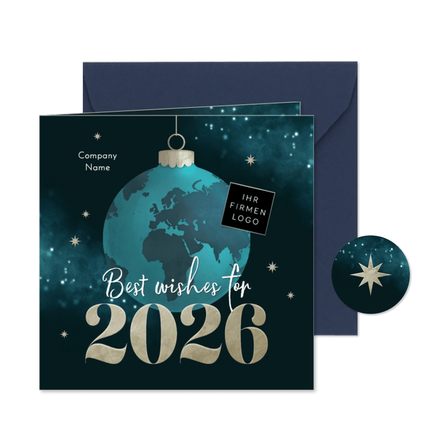 Internationale Weihnachtskarte Weltkugel blau mit Logo - Karteneindruck