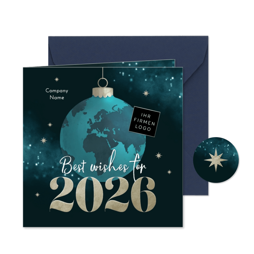 Internationale Weihnachtskarte Weltkugel blau mit Logo - Kartenvorschau