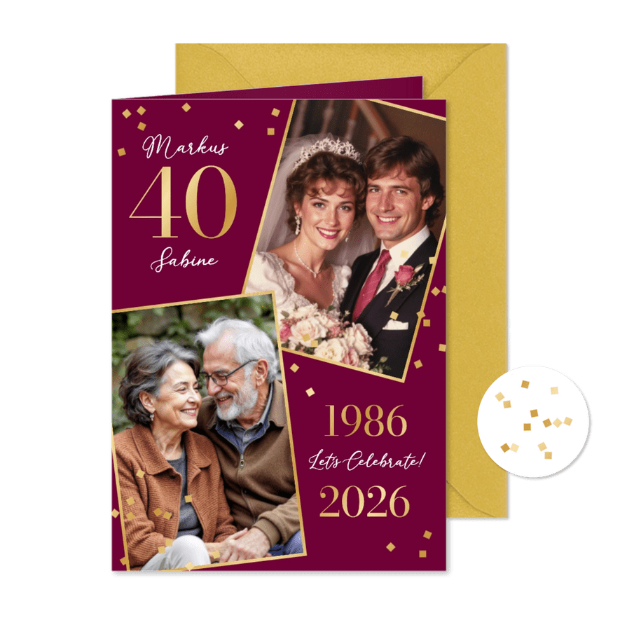 Jubiläum 40. Hochzeitstag Fotocollage goldenes Konfetti - Kartenvorschau