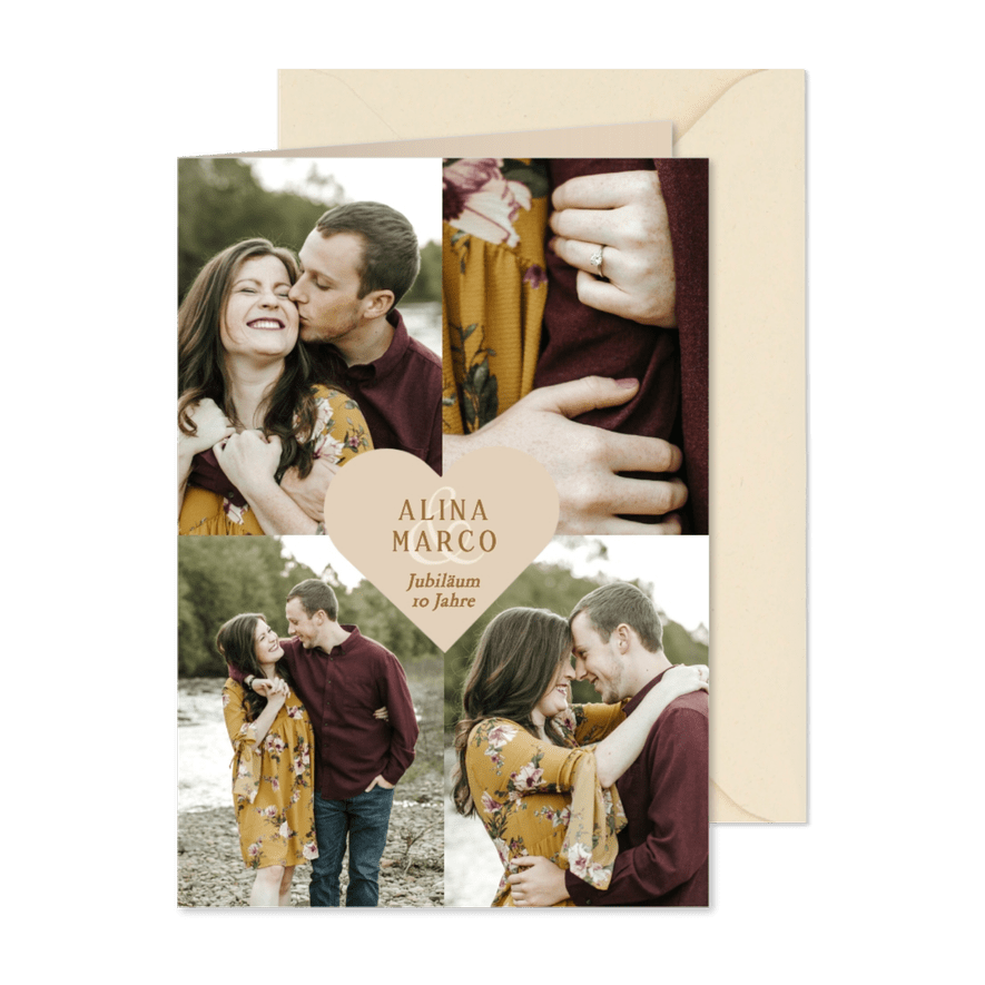 Jubiläum Einladungskarte Fotocollage Herz 10. Hochzeitstag - Karteneindruck
