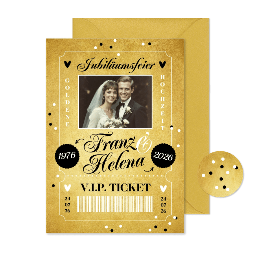 Jubiläum Einladungskarte mit Foto goldene Hochzeit Ticket - Karteneindruck
