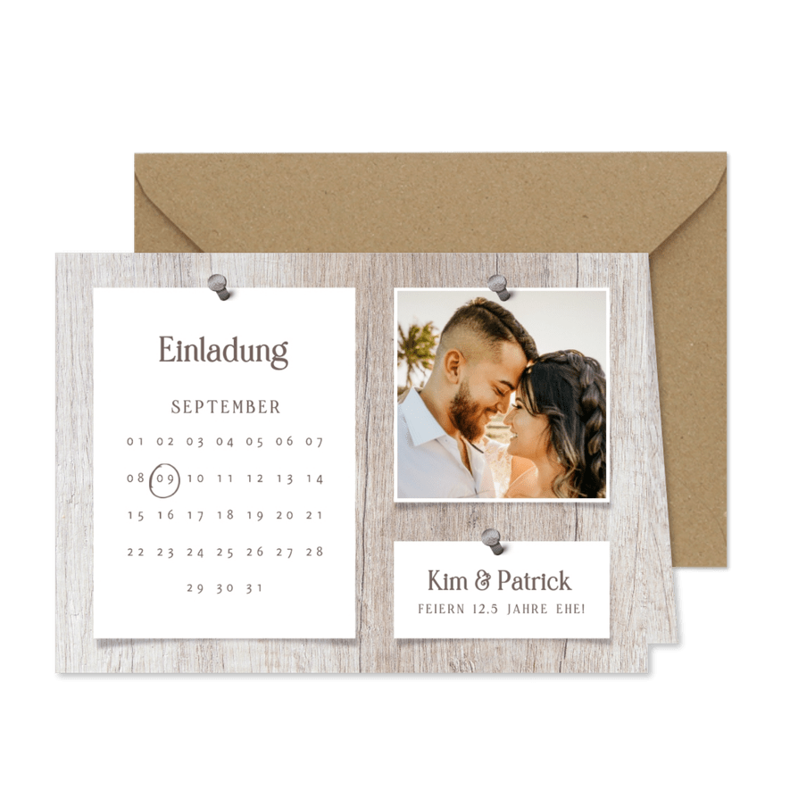 Jubiläumseinladung Hochzeitstag Kalender, Foto, Holzlook - Karteneindruck
