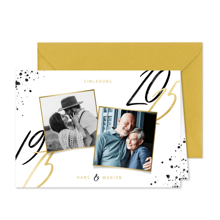 Jubiläumskarte 1975 - 2025 mit zwei Fotos & Farbspritzern - Karteneindruck