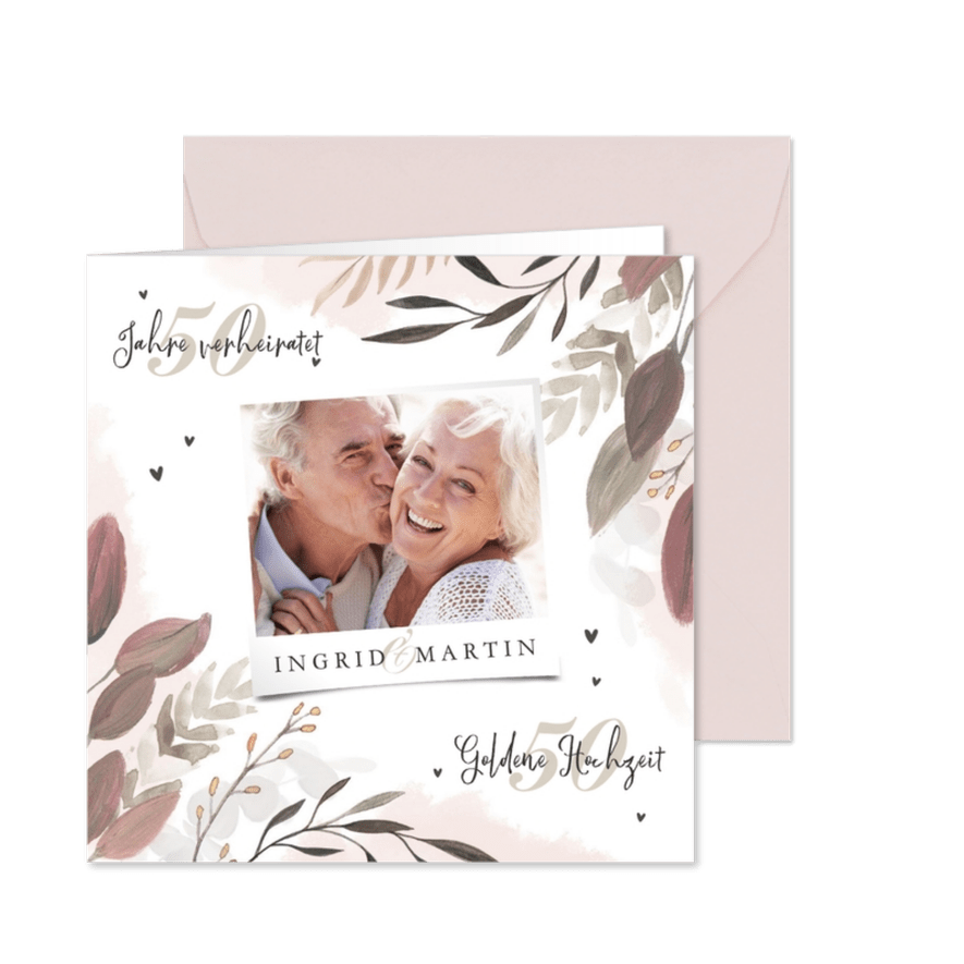 Jubiläumskarte botanisch mit Foto und Herzchen - Karteneindruck
