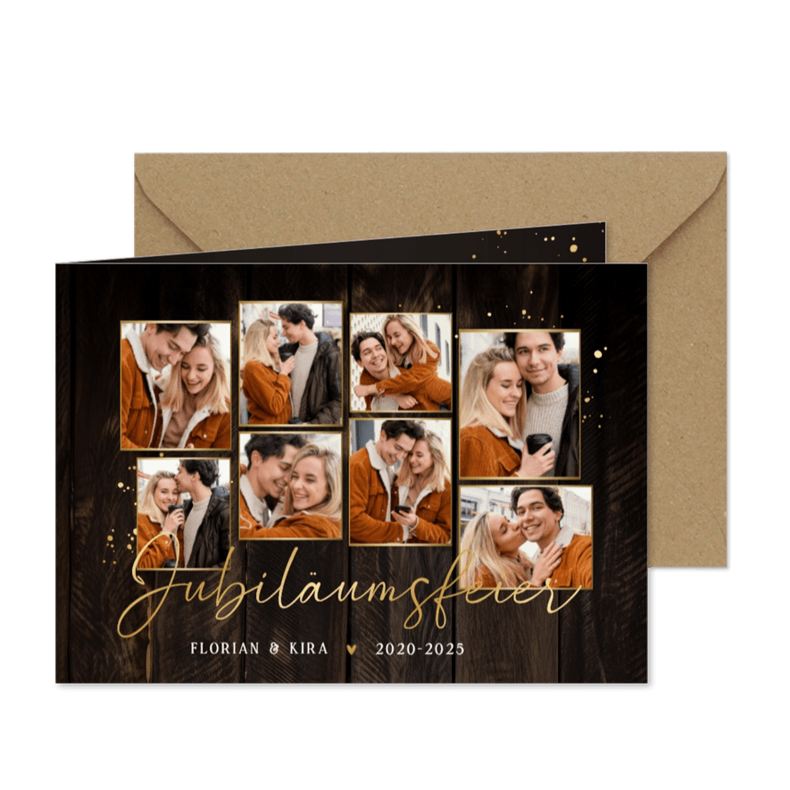 Jubiläumskarte Fotocollage Holzoptik 5. Hochzeitstag - Karteneindruck
