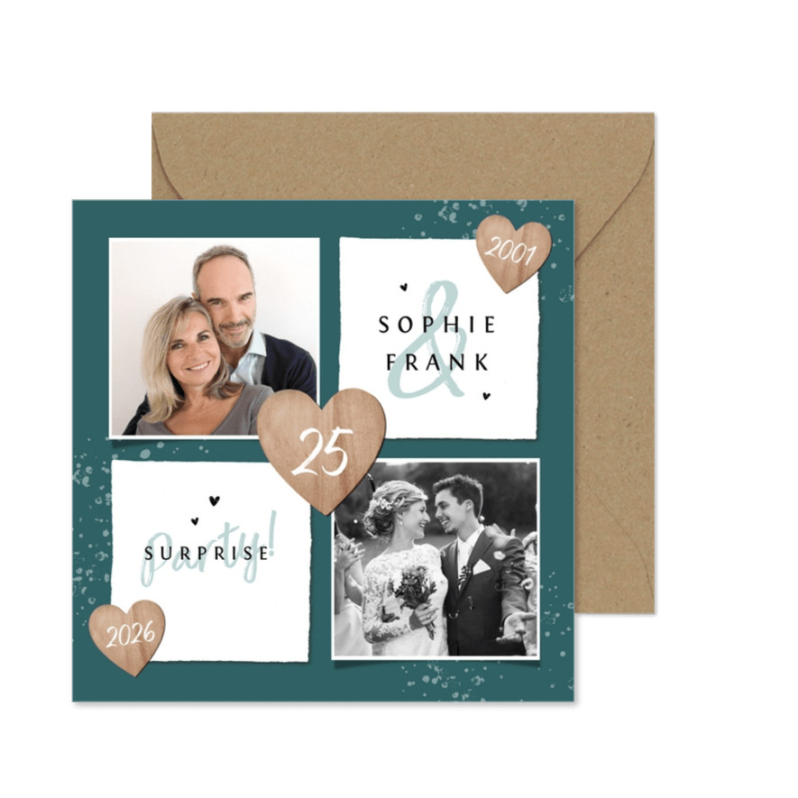 Jubiläumskarte Fotos und Holzherzen Silberhochzeit - Karteneindruck
