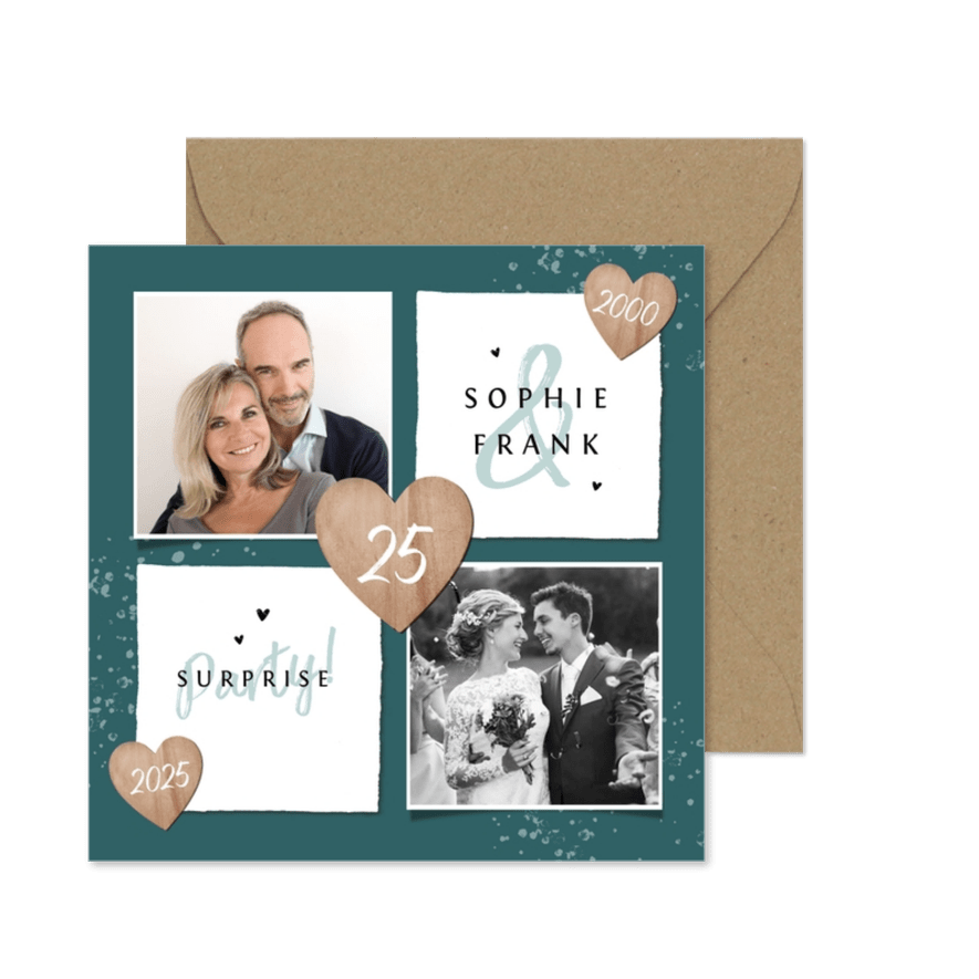 Jubiläumskarte Fotos und Holzherzen Silberhochzeit - Karteneindruck
