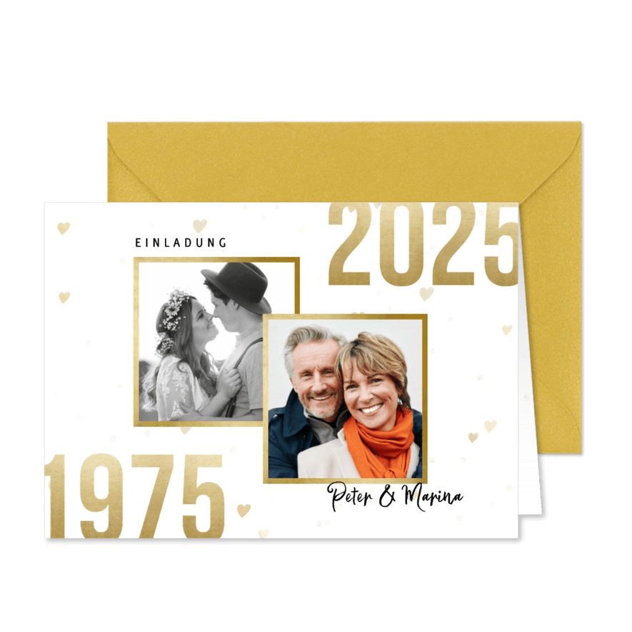 Jubiläumskarte Goldene Hochzeit mit Fotos & Herzen - Karteneindruck
