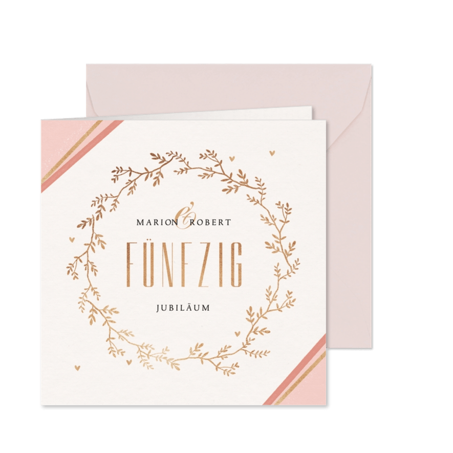 Jubiläumskarte Hochzeitstag mit goldenem Kranz - Karteneindruck
