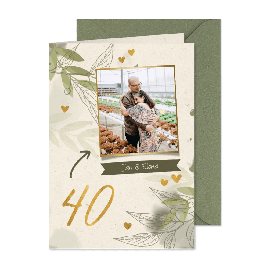 Jubiläumskarte mit Foto, Zweigen und Herzen - Karteneindruck