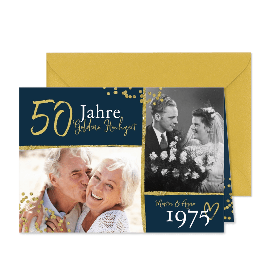 Jubiläumskarte mit zwei Fotos & Konfetti - Karteneindruck