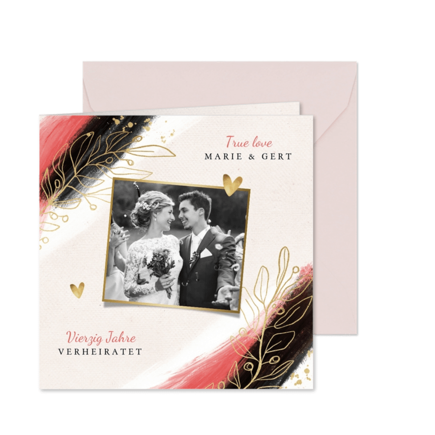 Jubiläumskarte Rubinhochzeit Farbstreifen und Zweige - Karteneindruck