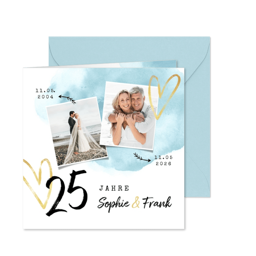 Jubiläumskarte Silberhochzeit Aquarell mit Herzen und Fotos - Karteneindruck