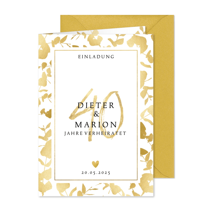 Jubiläumskarte zum 40. Hochzeitstag mit goldenen Blättern - Karteneindruck