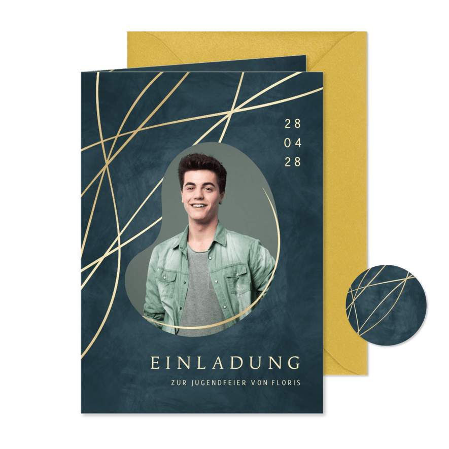 Jugendfeier Einladungskarte blau Foto & organische Linien - Karteneindruck
