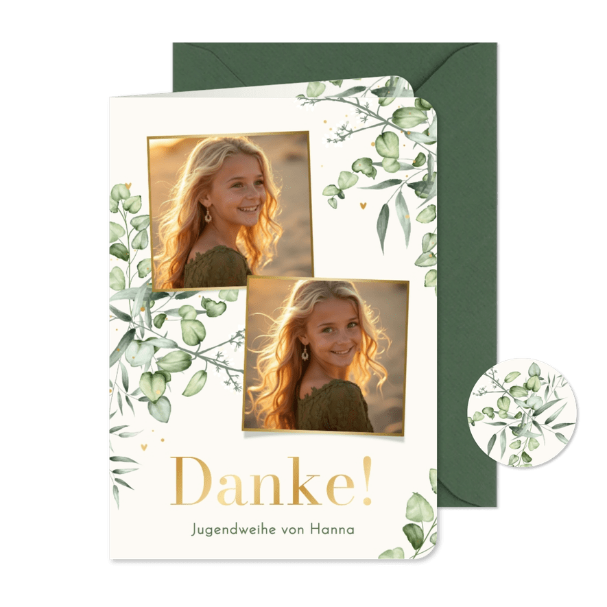 Jugendweihe-Dankeskarte Fotocollage & Aquarellzweige - Karteneindruck

