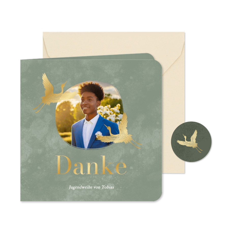 Jugendweihe Dankeskarte grün Kranich in Gold - Karteneindruck
