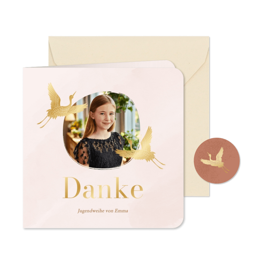 Jugendweihe Dankeskarte rosa Kranich in Gold - Karteneindruck
