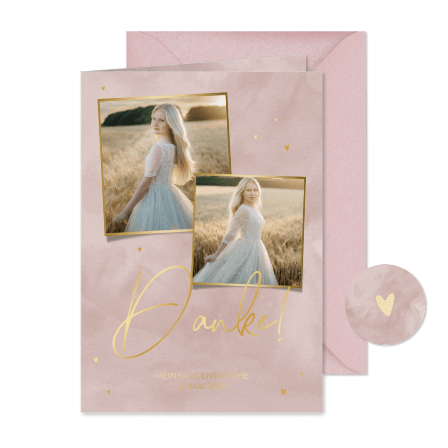 Jugendweihe Danksagung altrosa Aquarell Goldschrift & Fotos - Karteneindruck
