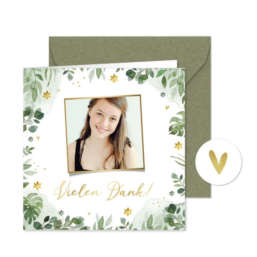Jugendweihe Danksagung Foto, Blätterrahmen Aquarell & Gold - Karteneindruck
