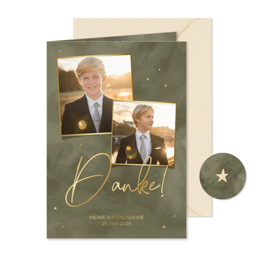 Jugendweihe Danksagung grünes Aquarell Goldschrift & Fotos - Karteneindruck