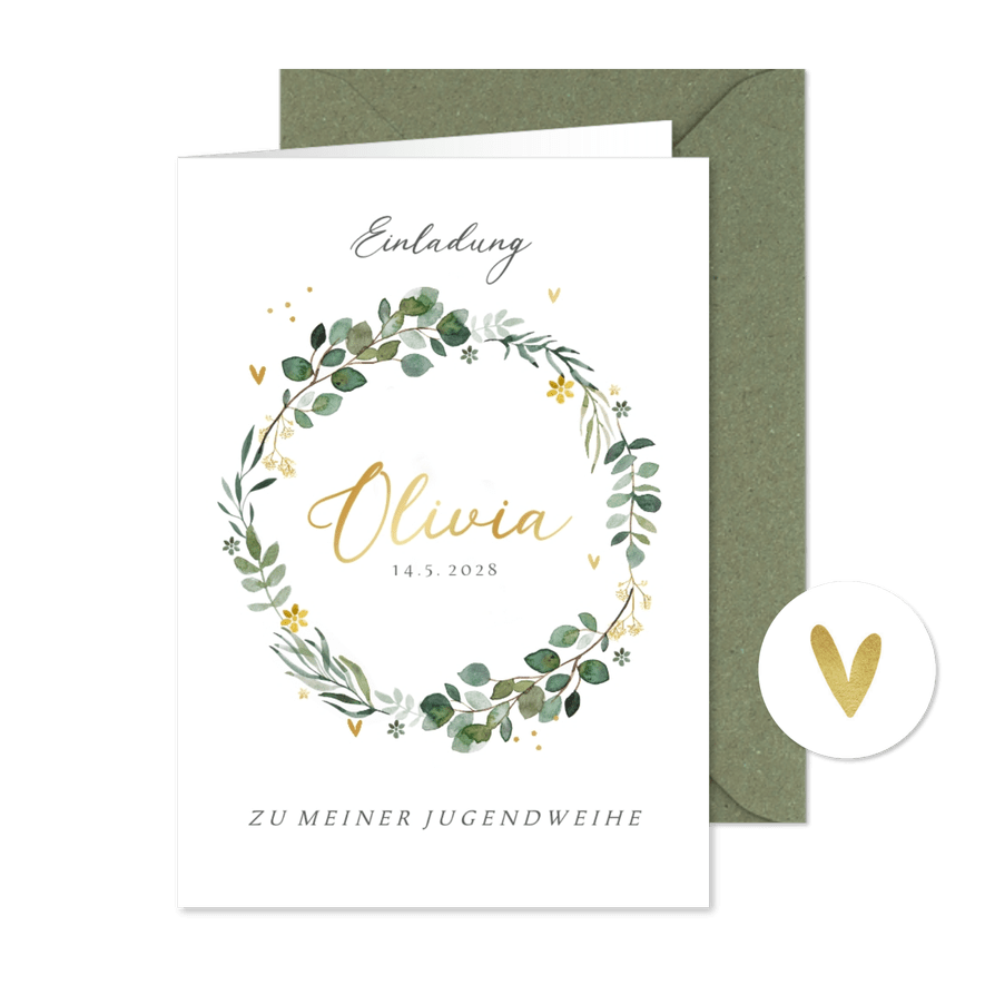 Jugendweihe Einladung Blätterkranz Aquarell & Gold - Kartenvorschau
