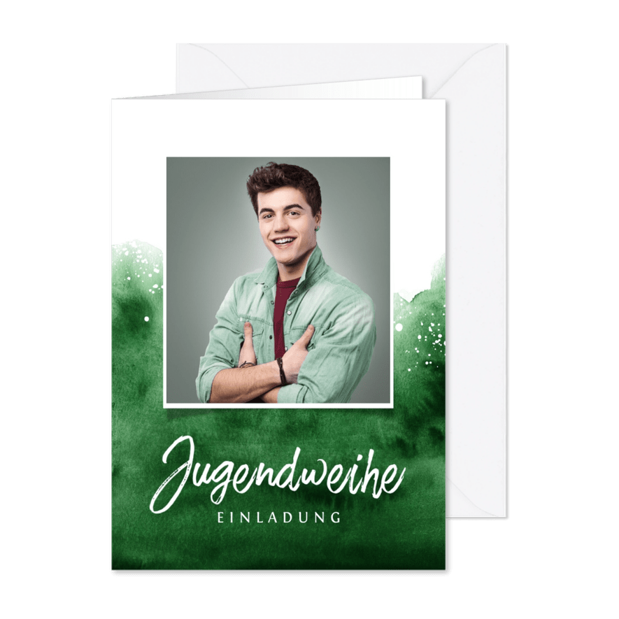 Jugendweihe Einladung Foto Aquarell grün - Karteneindruck