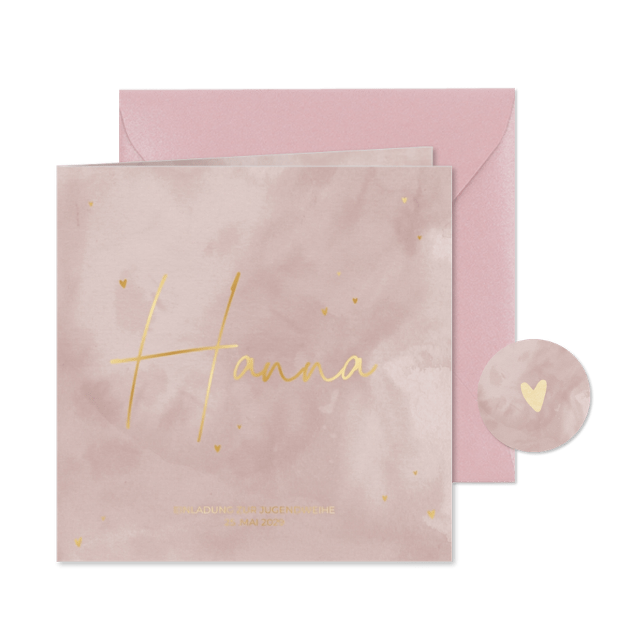 Jugendweihe Einladung Goldschrift altrosa Aquarell - Karteneindruck