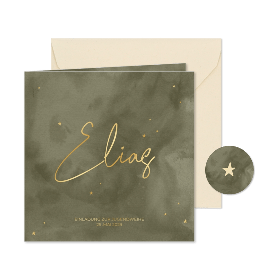 Jugendweihe Einladung Goldschrift olivgrünes Aquarell - Karteneindruck