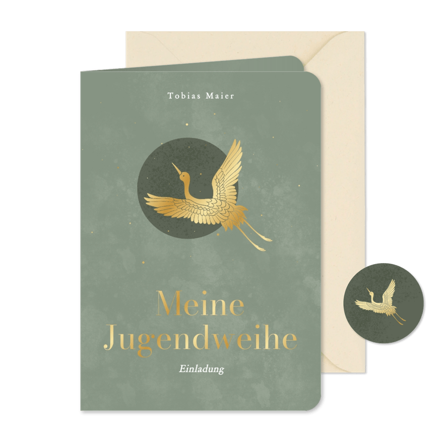Jugendweihe Einladung grün Kranich in Gold - Karteneindruck