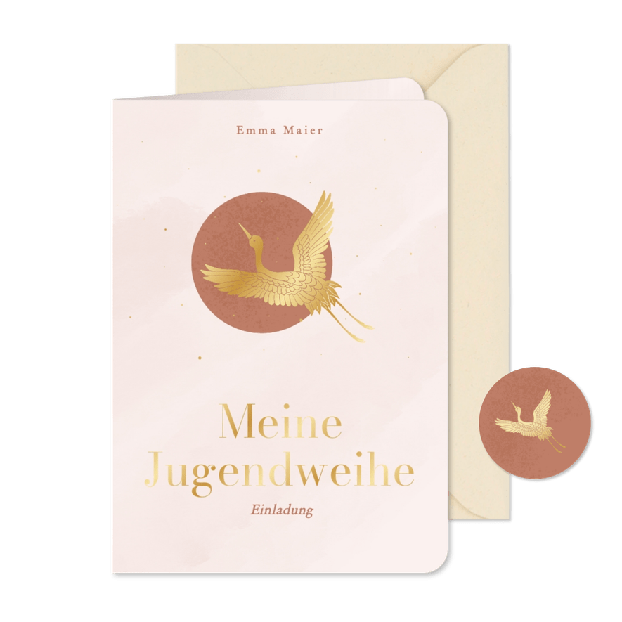 Jugendweihe Einladung rosa Kranich in Gold - Karteneindruck
