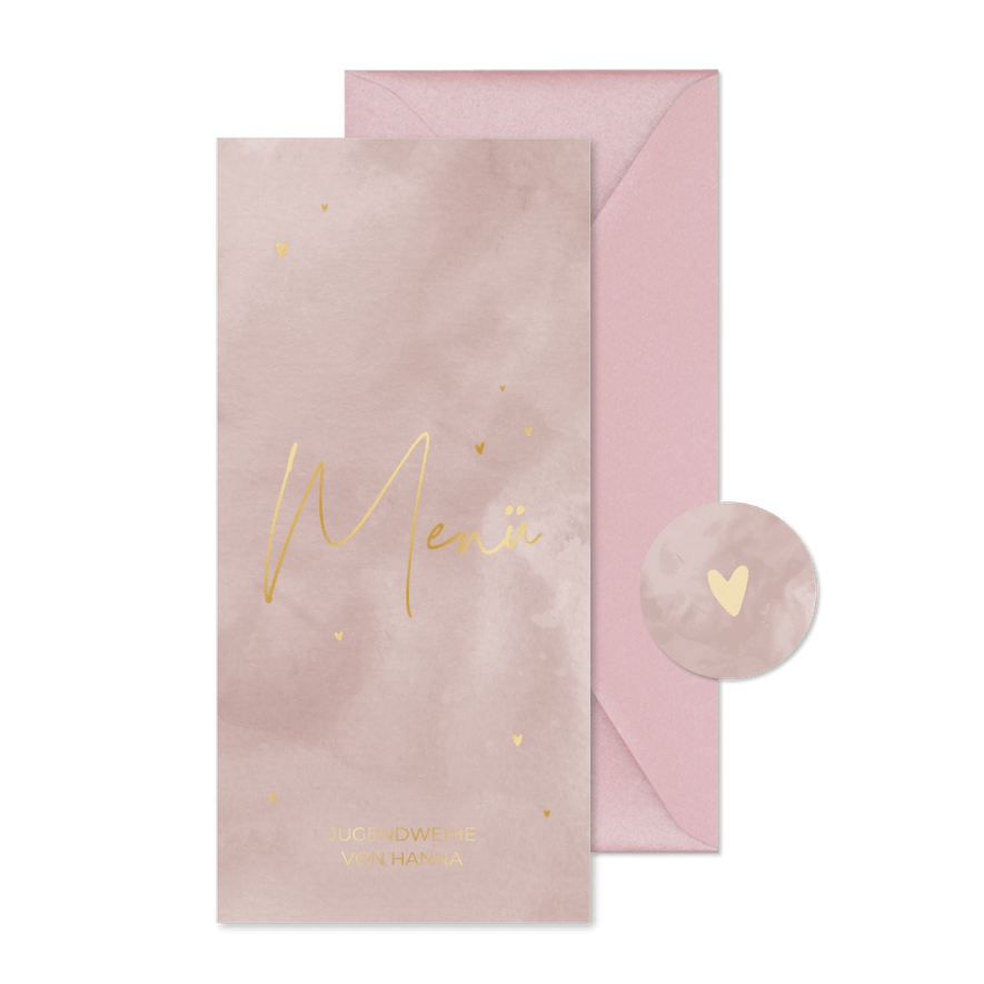 Jugendweihe Menükarte Goldschrift altrosa Aquarell - Kartenvorschau
