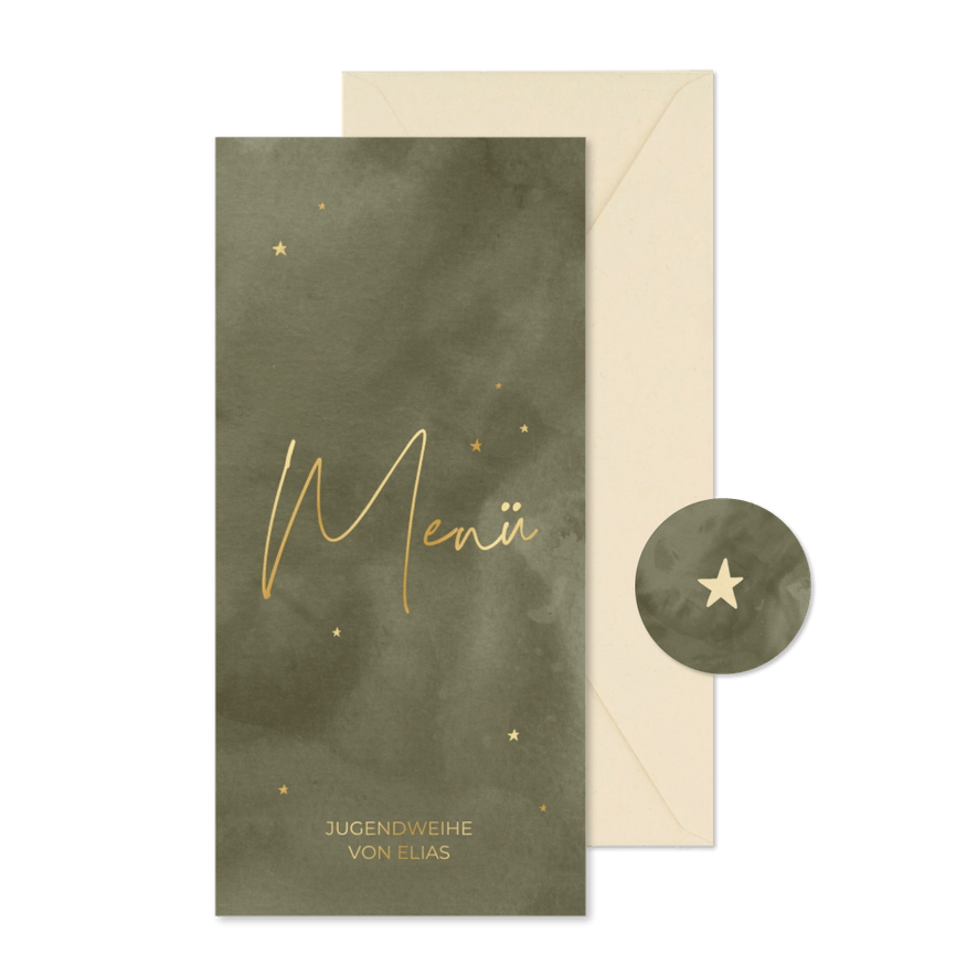 Jugendweihe Menükarte Goldschrift olivgrünes Aquarell - Kartenvorschau