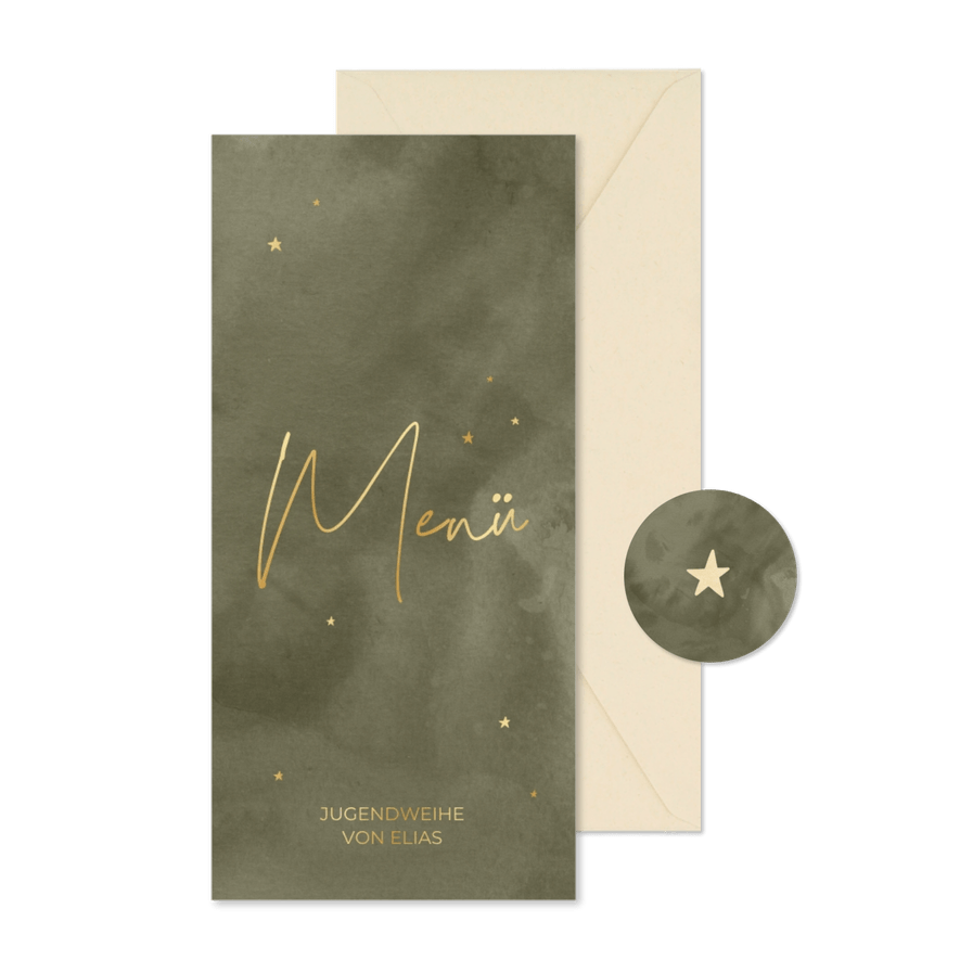 Jugendweihe Menükarte Goldschrift olivgrünes Aquarell - Karteneindruck