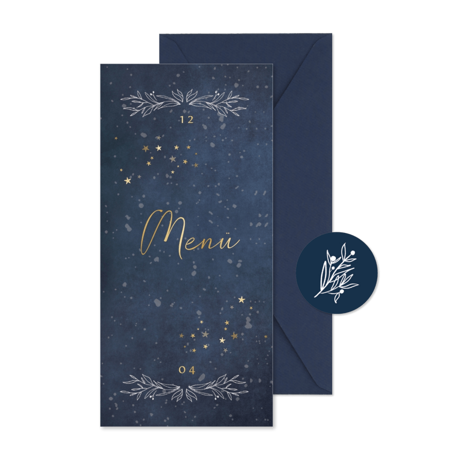 Jugendweihe Menükarte Goldschrift und Zweige - Karteneindruck
