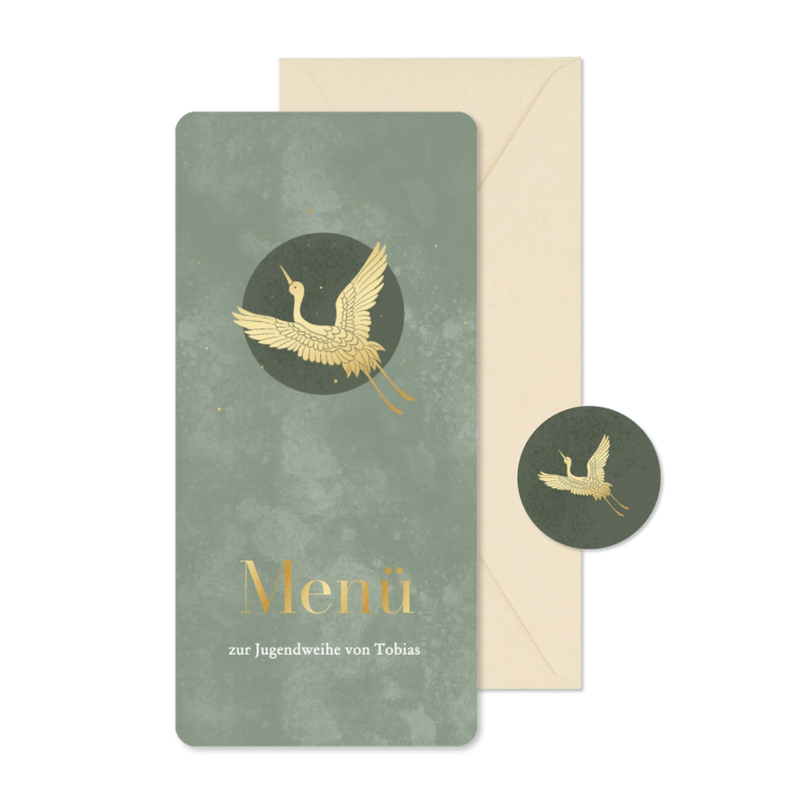 Jugendweihe Menükarte grün Kranich in Gold - Karteneindruck
