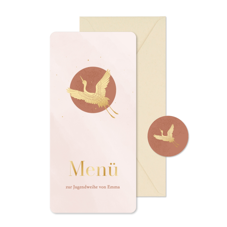 Jugendweihe Menükarte rosa Kranich in Gold - Karteneindruck
