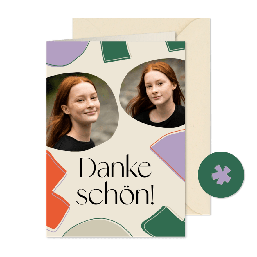 Jugendweihekarte Dankeschön Fotos & farbige Formen - Karteneindruck