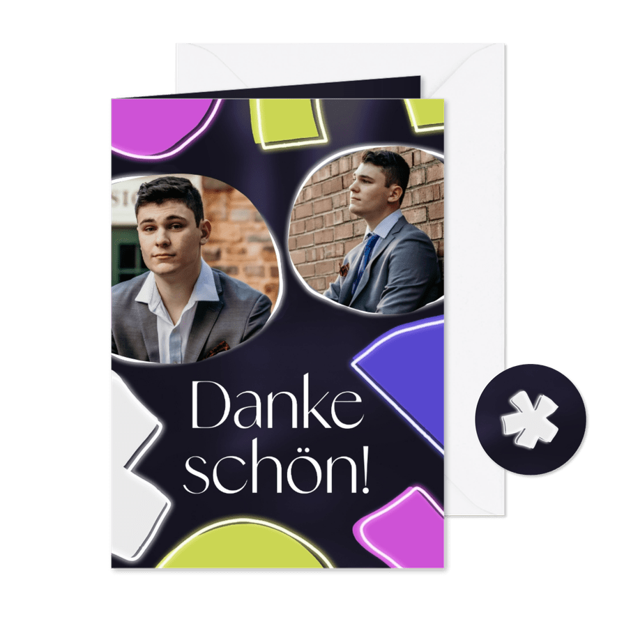 Jugendweihekarte Dankeschön Fotos & Neon-Formen - Karteneindruck