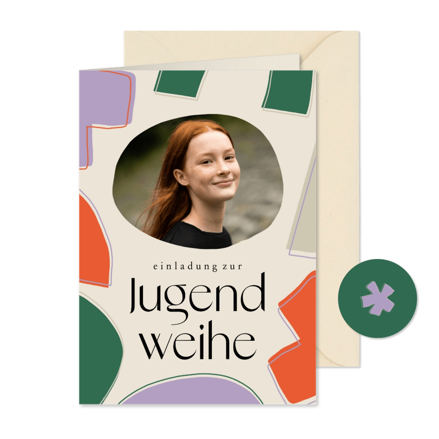 Jugendweihekarte Foto & farbige Formen - Karteneindruck