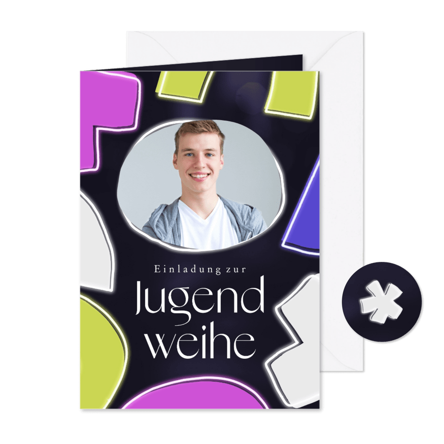 Jugendweihekarte Foto & Neon-Formen - Karteneindruck
